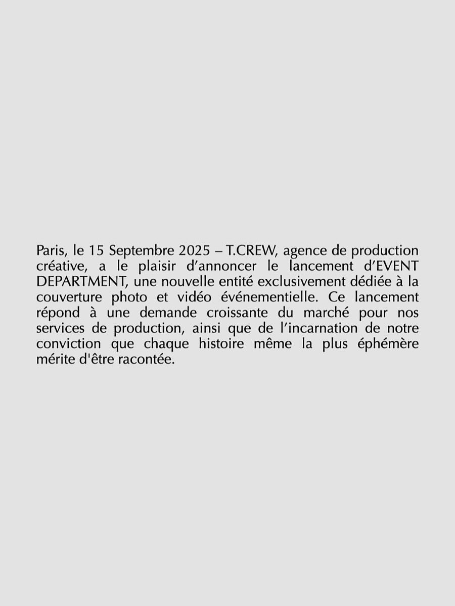 T.CREW ANNOUNCES THE LAUNCH OF EVENT DEPARTMENT, I...